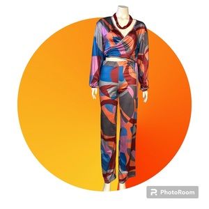 NWOT Multicolor Matching pants and wrap top